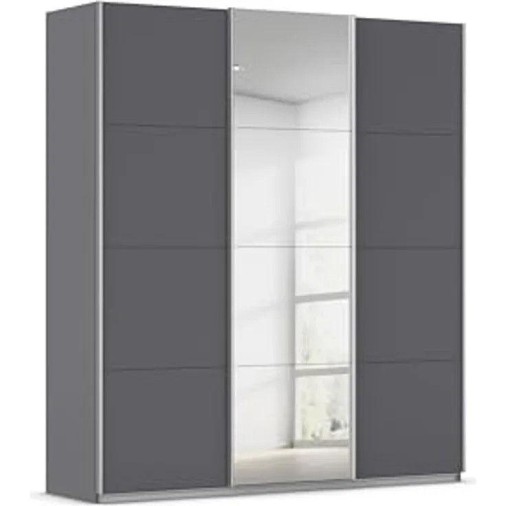 Rauch Möbel Kulmbach, Kleiderschrank mit Schwebetüren für Schlafzimmer, Kinderzimmer, Jugendzimmer, Garderobe, Flur, 3-türig, mit Spiegel, Zubehör Basic, Farbe Grau metallic, Schwarz, Breite 203 cm