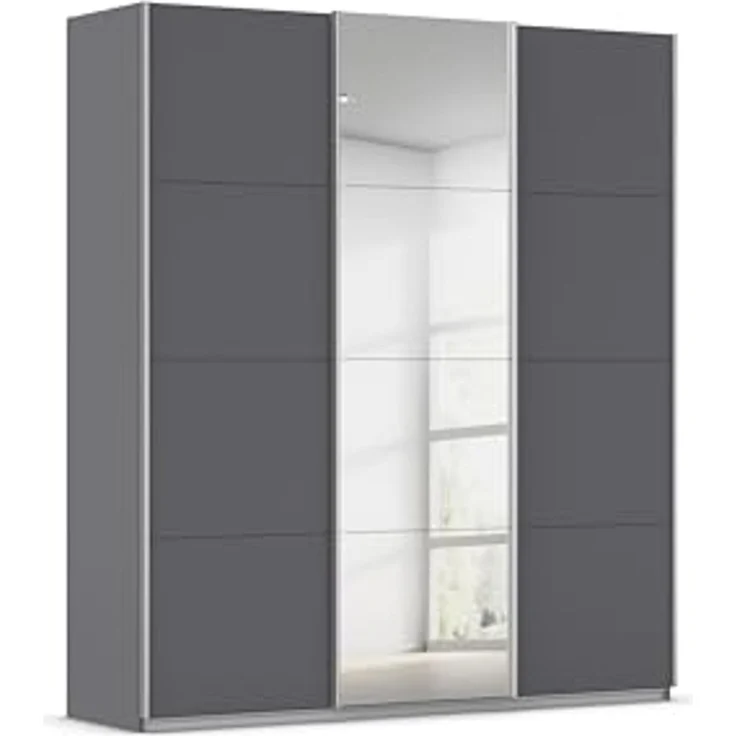 Rauch Möbel Kulmbach, Kleiderschrank mit Schwebetüren für Schlafzimmer, Kinderzimmer, Jugendzimmer, Garderobe, Flur, 3-türig, mit Spiegel, Zubehör Basic, Farbe Grau metallic, Schwarz, Breite 203 cm – Bild 1