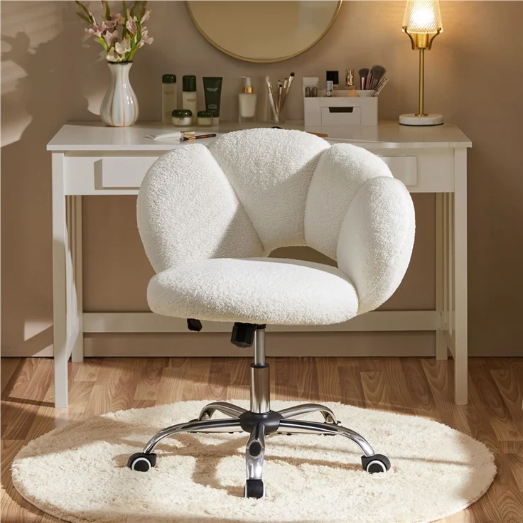Yaheetech Drehstuhl mit Schaukelfunktion, Höhenverstellbar (45,5 - 56 cm), Bouclé-Gewebe, Weiß – Bild 3