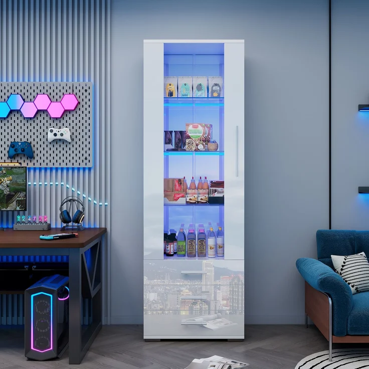 Weiße Hochglanzvitrine, Vitrine Glasvitrine , Standvitrine mit LED-Beleuchtung, Vertikale Vitrine mit 3 Schubladen, 60*35*180cm--Weiß--60x35x180cm--YOUDENOVA – Bild 6