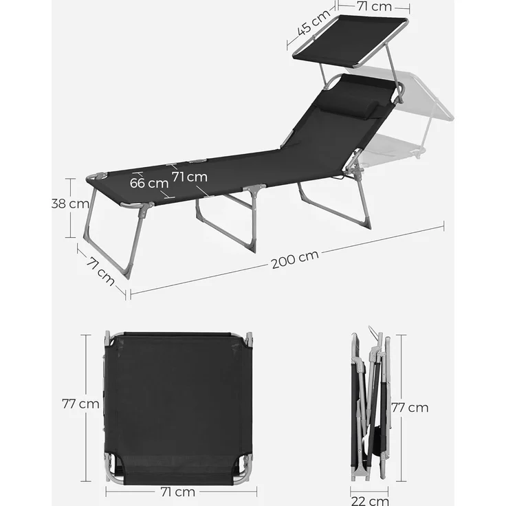 Songmics Sonnenliege mit Sonnenschutz, Kopfstütze & verstellbarer Rückenlehne, klappbar, 200 x 71 x 38 cm, Schwarz – Bild 5
