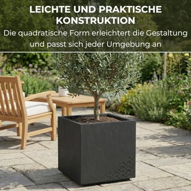 LAMELA Pflanzkübel mit Rollen 40 cm, 36L – Blumentopf aus Kunststoff in Betonoptik – Übertopf mit Wasserablauf – Modern für Innen & Außen - Wetterfest & Pflegeleicht, Schwarz – Bild 5