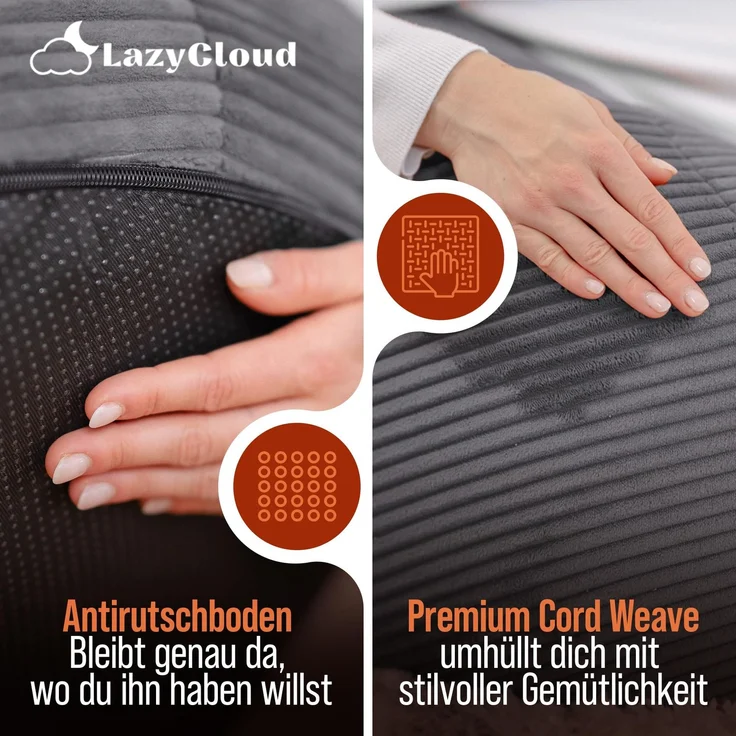 LazyCloud Sitzsack für Erwachsene mit integrierter [Nackenstütze] Cord | XXL Indoor Bean Bag mit Füllung | perfekt als Chill-, Lese- oder Gaming Sessel (90 x 80 x 70 cm) (Anthrazit) – Bild 5