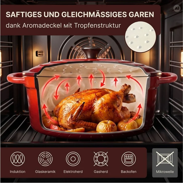 BIG-PAN Bräter Gusseisen Schmortopf 3,5 L oval Deckel emailliert Bratentopf Cocotte, Gusseisen (Topf Auflaufform Servierpfanne, Schmorpfanne Brotbacktopf), für alle Herdarten, Induktion und Backofen – Bild 4