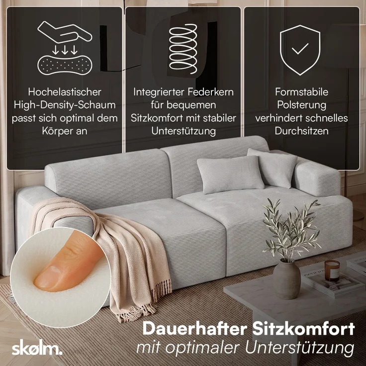 skølm 'Freki' Cloud Sofa 2 Sitzer, Vollschaumcouch mit Federkern und Vakuum-Kompression, kein Aufbau erforderlich, mit 2 Kissen, Cord grau – Bild 2
