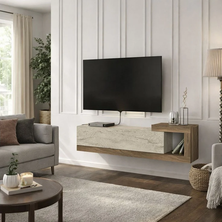 moebel17 Lowboard TV Lowboard Bliss, TV Schrank, Wandmontierte TV-Regale Mit Tür (Einzelmöbel, 1 St, Besteht aus 1 TV Lowboard), Pflegeleichte Oberfläche, Granitoptik – Bild 2