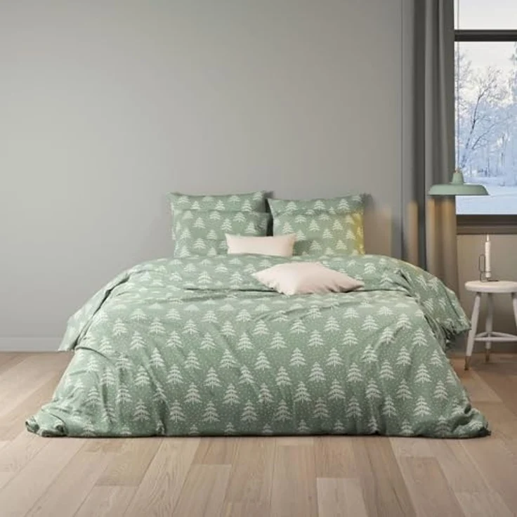 mistral home Bettwäsche 135x200cm Tannenbaum Schneeflocke Mint Grün, Flanell, 2 teilig, mit Tannenbaum-Design und Sternflocken – Bild 3