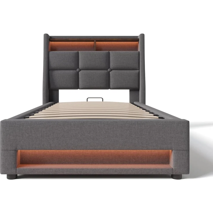 EINHOM Polsterbett mit USB 90 x 200 cm, LED Einzelbett mit Lattenrost aus Metallrahmen, Bettgestell aus Leinenmaterial Jugendbett, Grau (Ohne Matratze) – Bild 6