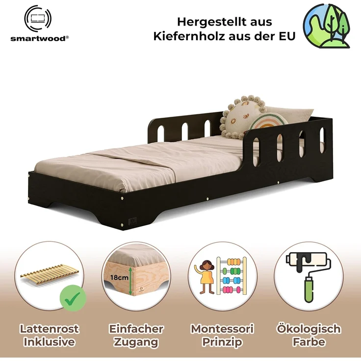 smartwood Kinderbett 90x190 cm in Schwarz - Montessori Bodenbett mit Rausfallschutz & Lattenrost - Aus handbemaltem Sperrholz - Sicher für Jungen und Mädchen - Einfache Montage - TILA 6 – Bild 3