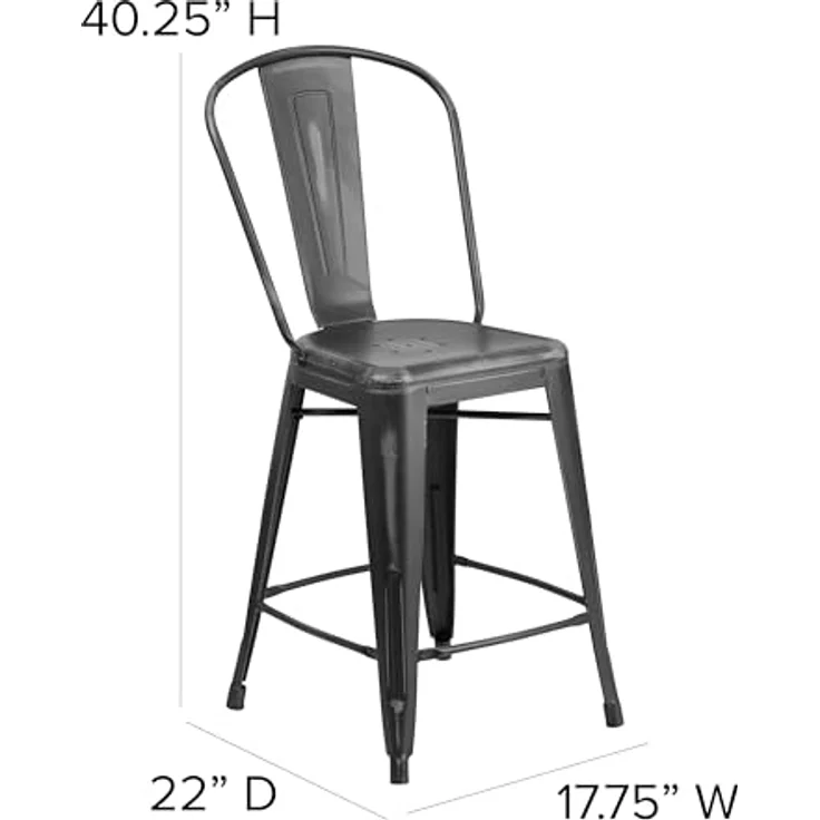 Flash Furniture Blake Commercial Grade 4 Stück 61 cm hoher Hocker aus schwarzem Metall für drinnen und draußen mit Rückenlehne – Bild 4