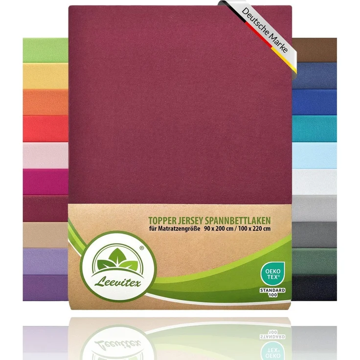 leevitex® Spannbettlaken, Premium 170g/m², Gummizug: rundum, schwer und dick, 100% Jersey-Baumwolle, Bordeaux / Weinrot, Topper | 140 x 200 - 160 x 220 cm – Bild 1
