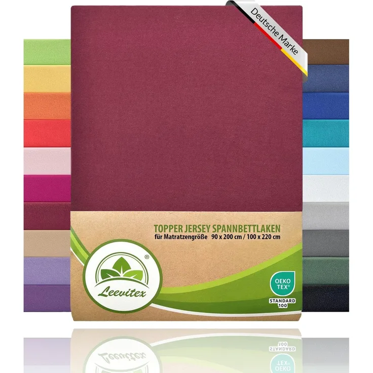 leevitex® Spannbettlaken, Premium 170g/m², Gummizug: rundum, schwer und dick, 100% Jersey-Baumwolle, Bordeaux / Weinrot, Topper | 140 x 200 - 160 x 220 cm
