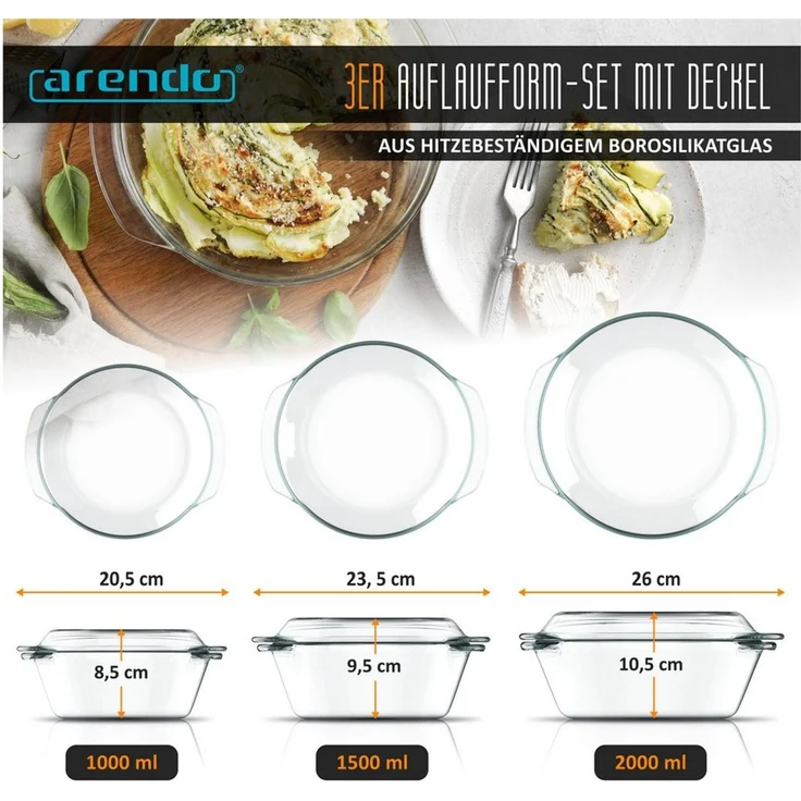 Arendo Auflaufform 3 Größen 1000ml, 1500ml & 2000ml mit Deckel, Griffen & Stapelfunktion, Glas, (3-St), Glasbehälter, Borosilikatglas, Ofenfest, mikrowellengeeignet, BPA-frei