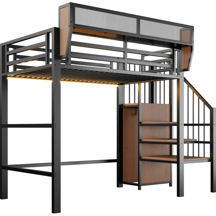 ZUBALIYA Hochbett 90 × 200 cm, Metall, LED-Beleuchtung, Leiter, Schwarz – Bild 19