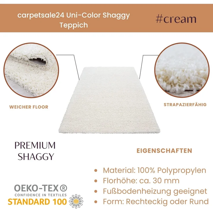 Carpetsale24 Shaggy Hochflor Teppich Wohnzimmer 300x400 cm Creme - Modern Flauschiger Teppich Extra Weich, Pflegeleicht und Einfarbig - Ideal als Teppich für Schlafzimmer, Esszimmer und Küche – Bild 3