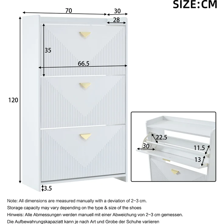 Schuhschrank 70x30x120 cm Weiß 3 Klapptüren verstellbare Trennwände gold Griffe – Bild 10