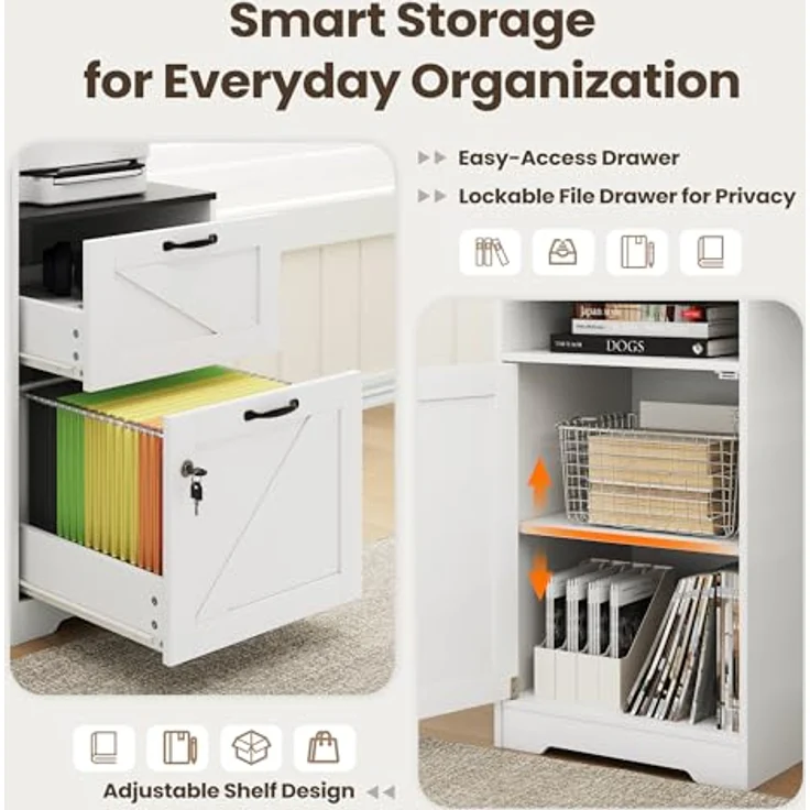 COLAMY 160 cm Landhaus L‑förmiger Schreibtisch, Eckschreibtisch mit Schubladen und Ablageboden, Home‑Office Schreibtisch mit Steckdose, Monitorständer, Holzmaserung Desktop, Weiß & Schwarz – Bild 6