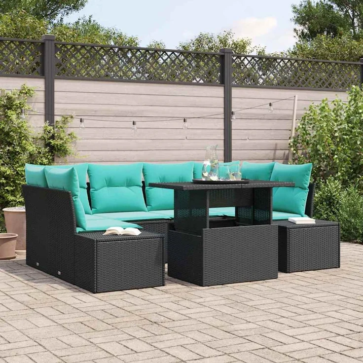 vidaXL Sofa Set 7 stk. 6-Sitzer Schwarz und Blau Poly-Rattan 3349122 – Bild 1