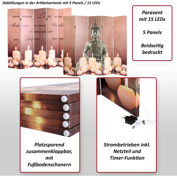 LED-Paravent Buddha, Trennwand Raumteiler, Timer netzbetrieben 180x200cm 15 LEDs – Bild 2