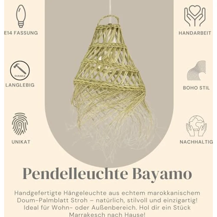 Marrakesch Orient & Mediterran Interior Pendelleuchte Bayamo, handgefertigte Boho Lampe aus Palmenblatt, 28 cm, E14 Fassung, Natur – Bild 5