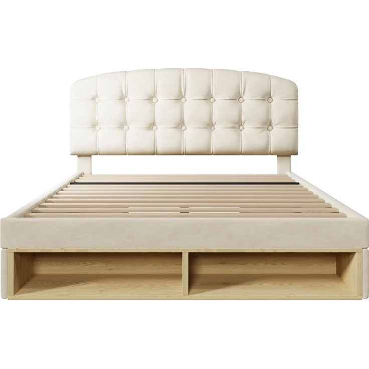 Merax Doppelbett 140x190 cm, Polsterbett mit Lattenrost, Bettgestell mit gebogenem höhenverstellbarem Kopfteil, Bett mit Schubladen und Stauraum, Samt, Beige – Bild 8