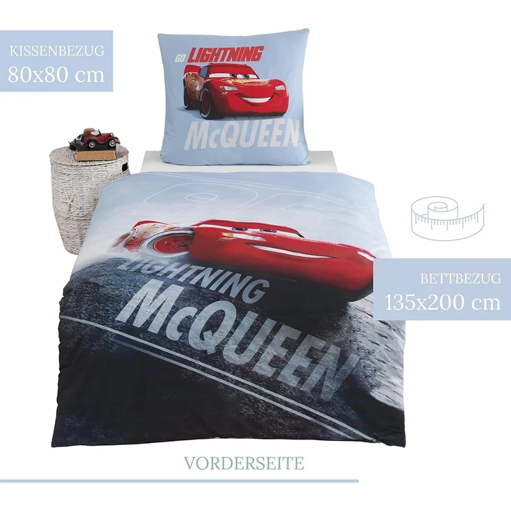 MTOnlinehandel Bettwäsche Cars 135x200 + 80x80 cm, 100 % Baumwolle, Renforcé, 2 teilig, Jungen Kinderbettwäsche Disney's Cars Auto, Lightning McQueen – Bild 3