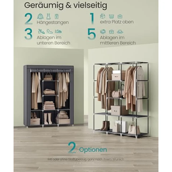Songmics Kleiderschrank, Garderobe, Kleiderständer mit Vliesstoffbezug, Hängestangen, Ablagen, 45 x 130 x 167 cm, große Kapazität, für Schlafzimmer, Wohnzimmer, Taubengrau RYG096G01, Grau – Bild 4