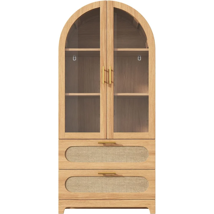Vitrine 80 x 40 x 175 cm in Holzoptik mit Glastüren, Rattanfronten und 2 Schubladen – Bild 5