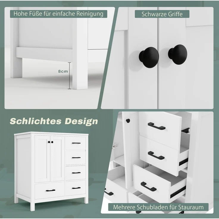 Waschtisch 76 x 46 x 82 cm mit Keramikbecken, 4 Schubladen und verstellbaren Einlegeböden, Weiß – Bild 5