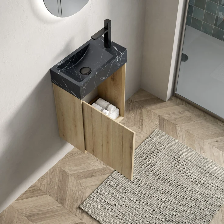 Waschtischunterschrank 40 cm breit mit Naturmarmorbecken, Tür und Dekor in Weiß-Eiche,58 x 40 x 22 cm – Bild 4