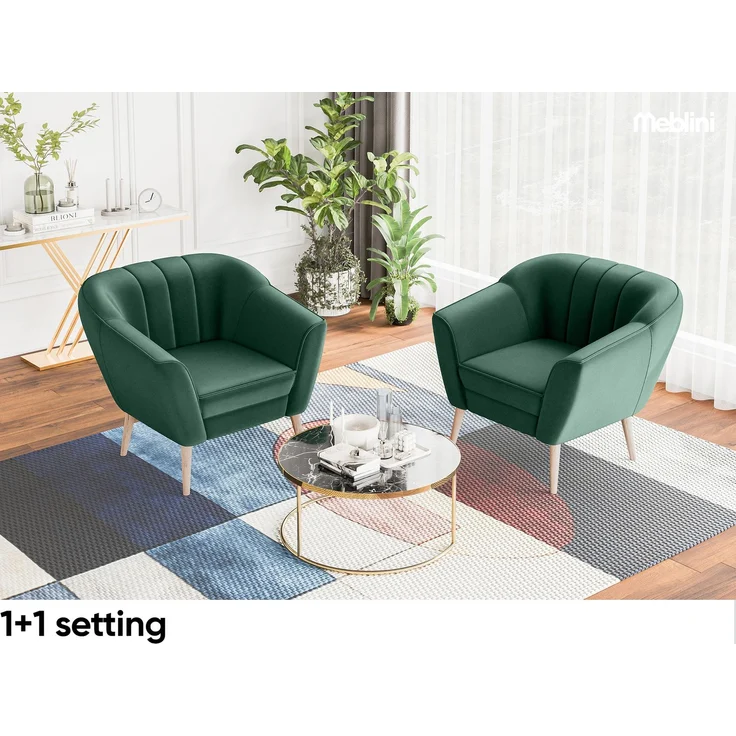 MEBLINI Sofa Sessel für Wohnzimmer 2er Set - Mini Lounge für zwei Personen - Sitzgarnitur - Polstergarnitur - KAIA - 1+1 - Grün Samt – Bild 3