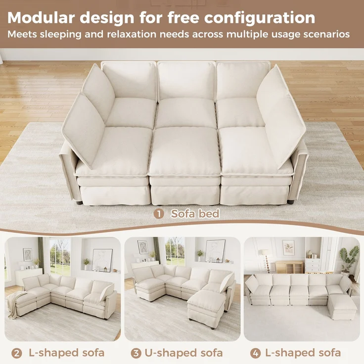 ZUBALIYA Wohnlandschaft 127x91 cm, mit Chenille - Bezug, mit Samtbezug, mit breiten Armlehnen, modular aufgebaut, Beige – Bild 14