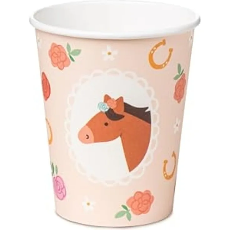 partydeco Becher, Papier, Pappbecher 220ml mit Pferd Motiv 6er Set Zartrosa