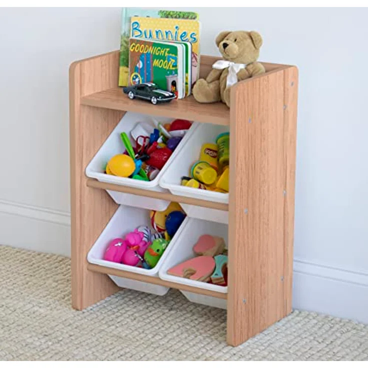 Humble Crew stilvolles Kinderregal in Natur/Weiß! 4 Boxen für Spielzeug, ideal für Kinderzimmer. Jetzt Ordnung mit natürlichem Charme schaffen – Bild 6
