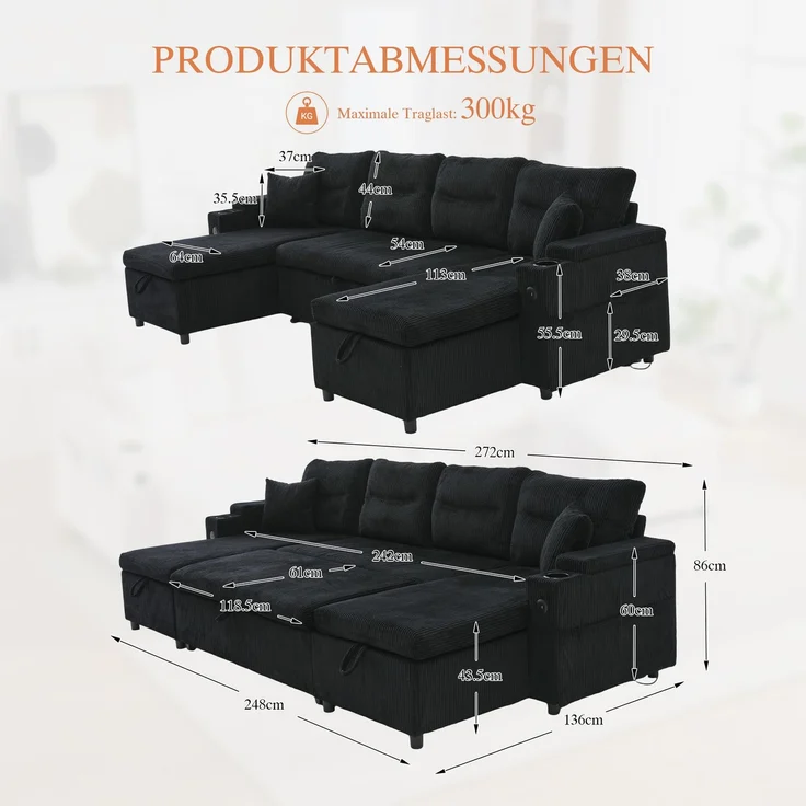 Flieks 4-Sitzer Schlafsofa aus Samt, mit beidseitigen Chaiselongues, Stauraum, Seitentasche, Getränkehaltern und USB-Anschlüssen, Schwarz – Bild 4