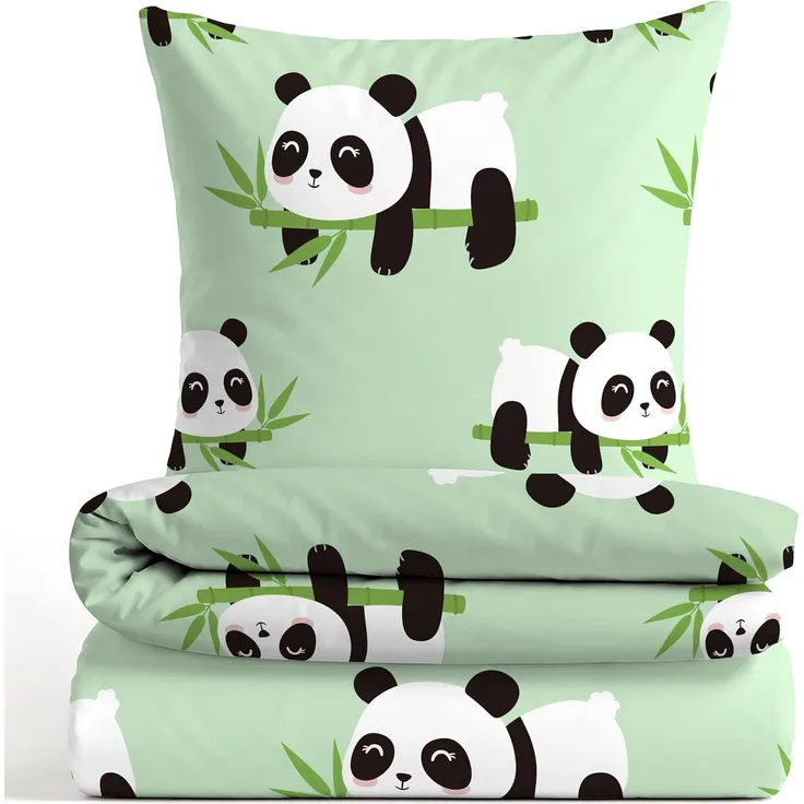 Traumhaft schlafen - Castell - Markenbettwäsche Polar-Fleece Bettwäsche 0330250 PANDA, mint, 1x 135x200 cm + 1x 80x80 cm