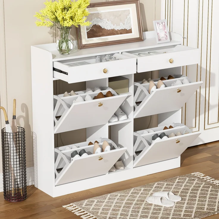 Schuhschrank aus Spanplatte mit 4 Klapptüren, 2 Schubladen & offenen Fächern, 110x26x100 cm, Weiß – Bild 4