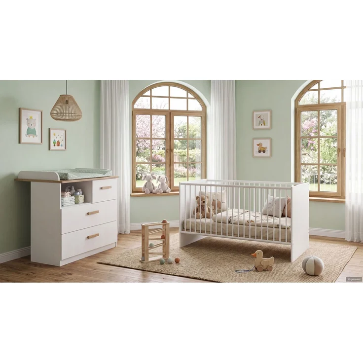 Babyzimmer-Set Kinderzimmer Babybett 70x140 cm,Wickelkommode, Weiß & Eiche Dekor – Bild 1