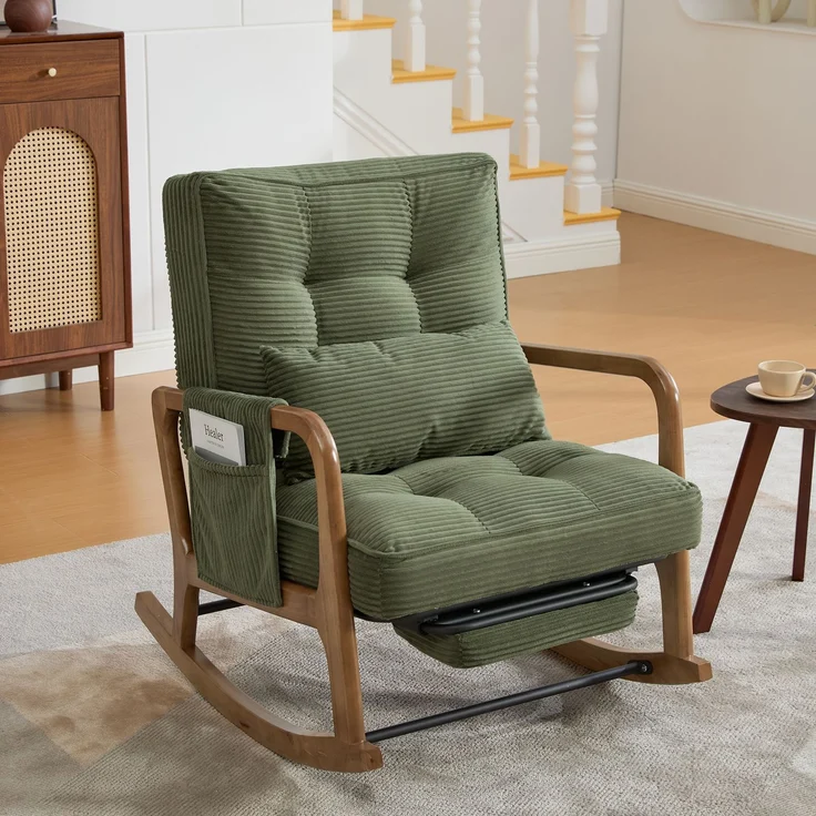 LVHOM Schaukelstuhl mit ausziehbarer Fußstütze, Relaxsessel mit verstellbare Rückenlehne, Loungesessel mit Seitentasche, bis 150 kg belastbar, Grün – Bild 2
