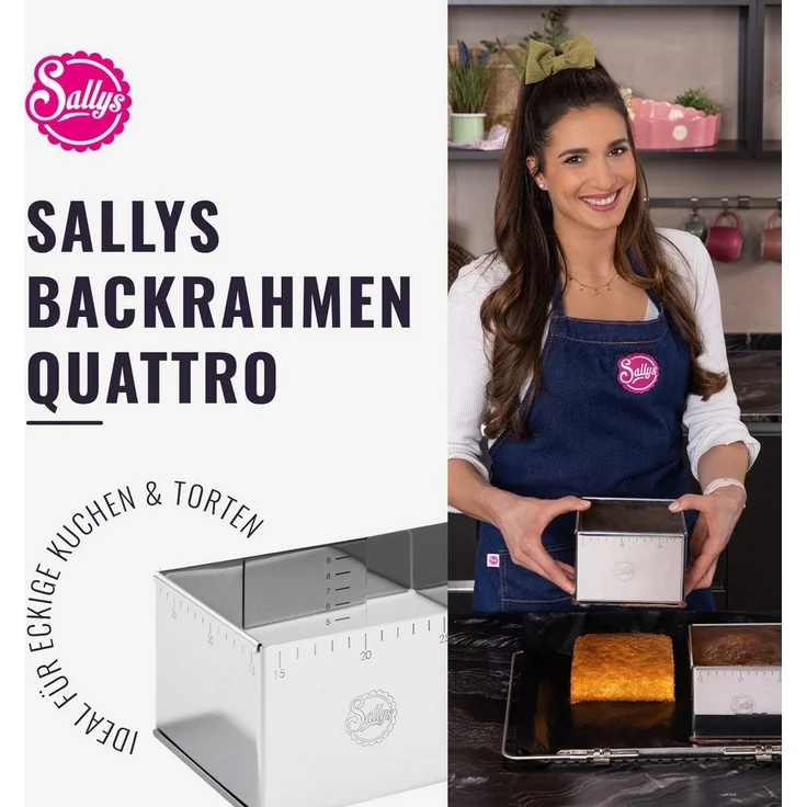 Sallys Backrahmen Kuchenrahmen verstellbar mit Innen & Außenskalierung, rechteckig, (4 tlg, Mit Innen- & Außenskalierung, langlebig und pflegeleicht), Tortenrahmen Edelstahl, 14,5 × 14,5-26 × 26 cm, verstellbar – Bild 2