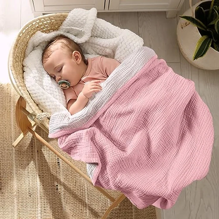 lulumoon Musselin-Babydecke – Baumwoll-Steppdecke für Kleinkinder – wendbare Kinderbettdecke für Babys, Jungen und Mädchen, 120x120 cm (Rosa) – Bild 10