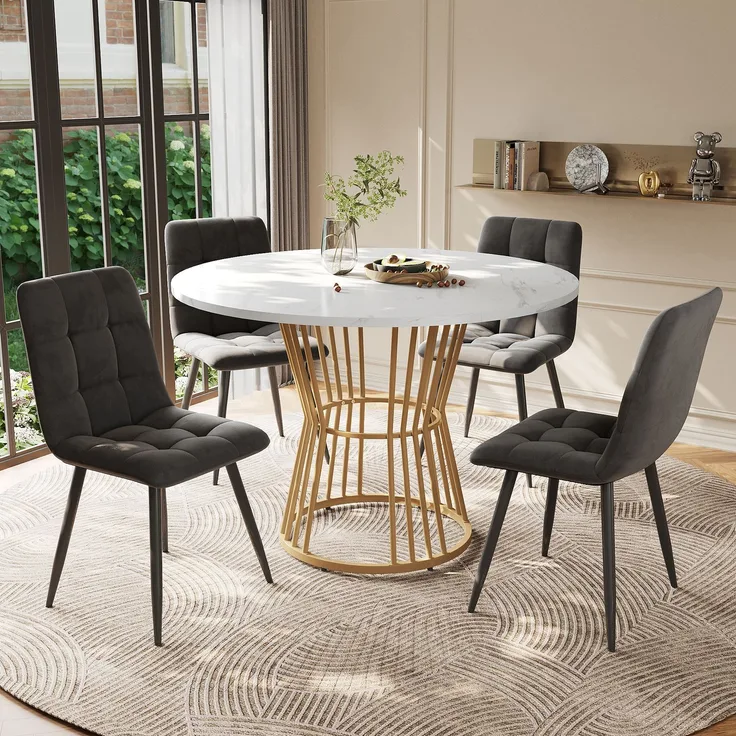 Esszimmer-Set 5-teilig Runder Tisch 100cm & 4 Grau Samtstühle Metallbeine moderner Küchentisch