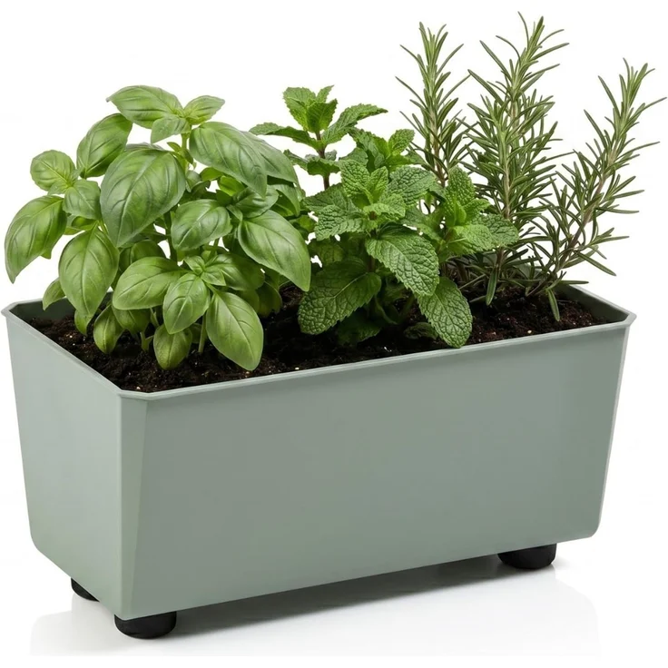 Lamela Rechteckiger Pflanzkasten mit eleganten Füßen – Grüner Blumenkübel aus robustem Kunststoff 28,5x17 cm, 4,2L – Wetterfest & Pflegeleicht - für Innen & Außen, Graugrün