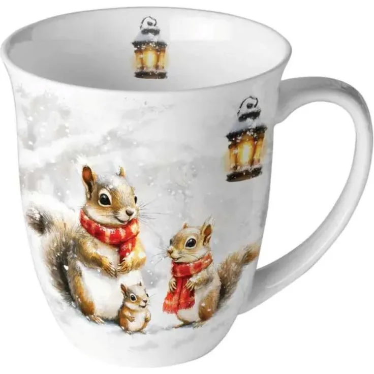 Ambiente Luxury Paper Products Becher Wald, Blumen, Pflanzen,Tieren -Winter, Herbst, Porzellan Tasse, 1-tlg, Porzellan Tasse Eichhörnchen - Ambiente zeigt ein niedliches Eule, Zweig, Baumast, Ast, Vigel Motiv - sorgt für eine gemütliche winterliche Sti...