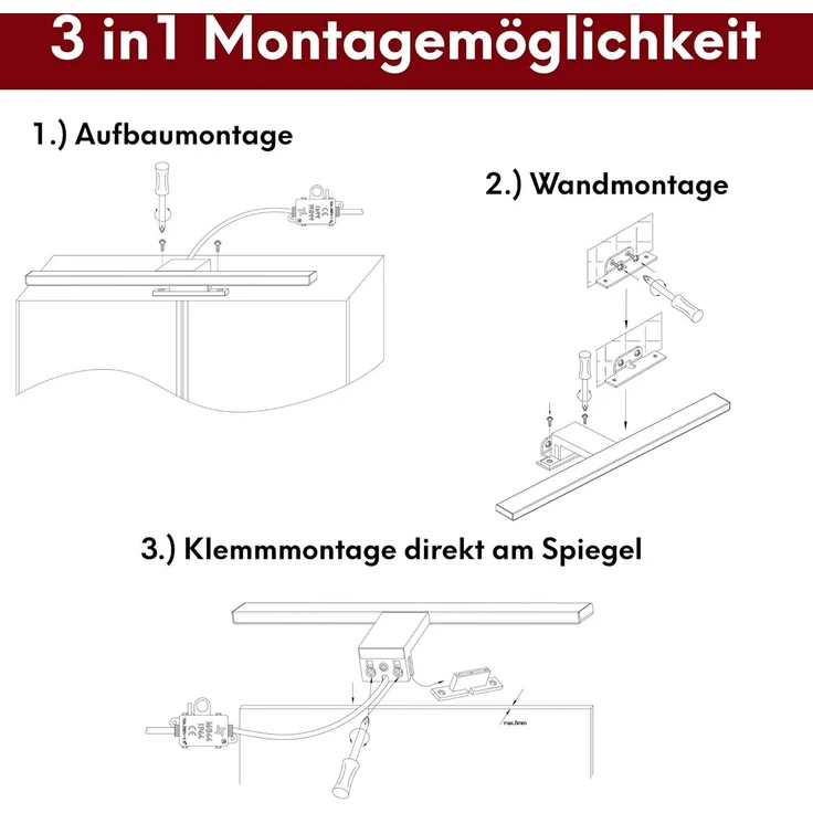 kalb LED Spiegelleuchte 100cm LED Badleuchte Badlampe Spiegellampe 230V, verchromt, neutralweiß – Bild 3