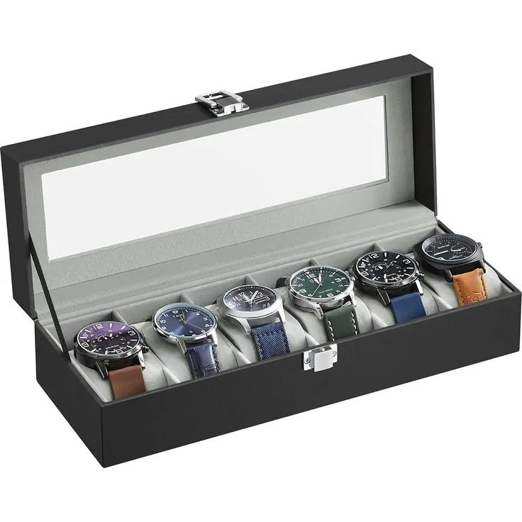 Songmics Uhrenbox für 6 Uhren, Uhrenkasten mit Glasdeckel, Uhrenkissen aus Samt, Uhrenkoffer mit Schloss, 11,2 x 30 x 8 cm, Geschenkidee, PU-Bezug in Schwarz, Samtfutter in Grau JWB06BK