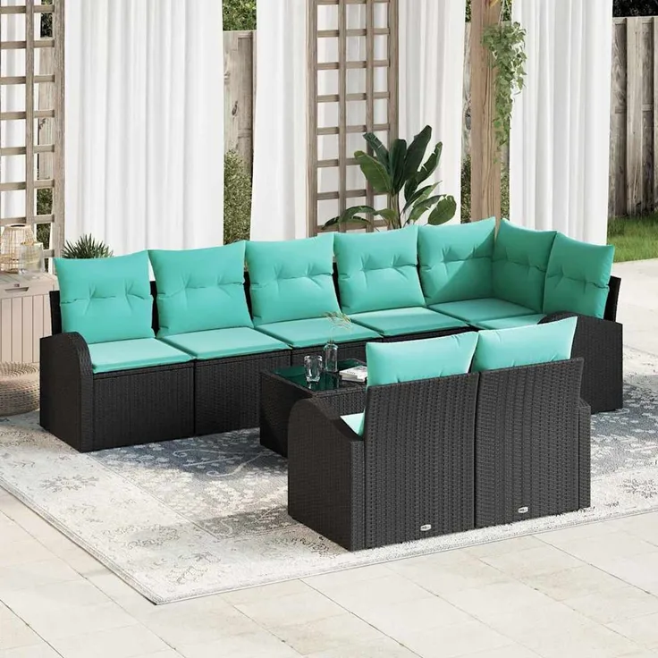 vidaXL Gartensofa-set mit Kissen 9 pcs Schwarz und Türkis Poly-Rattan 3354775