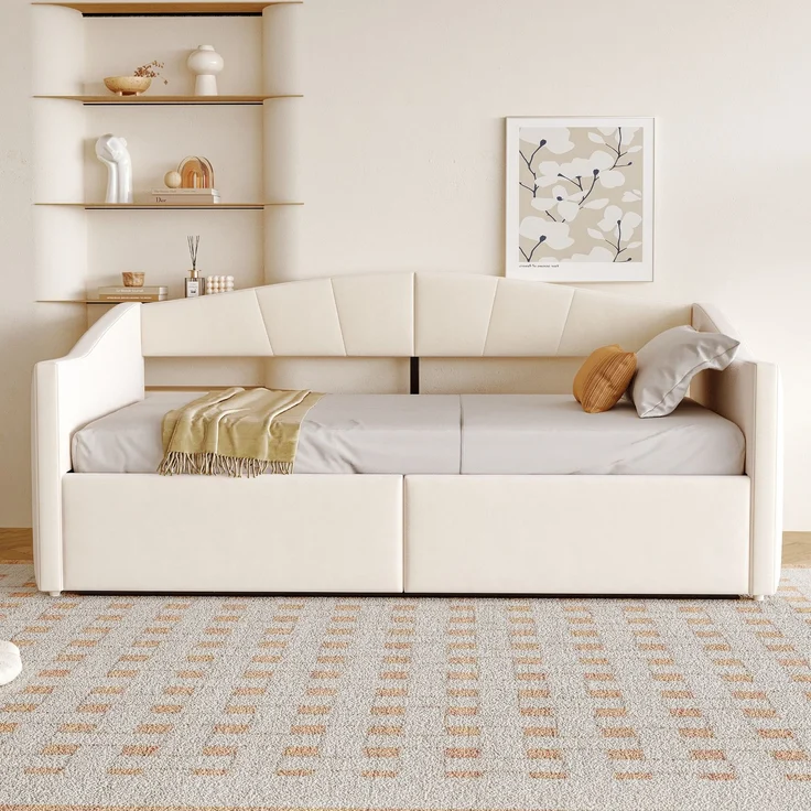 Polsterbett Schlafsofa, Samt mit Stauraum & Lattenrost, 90x200 cm, Beige, ohne Matratze – Bild 5