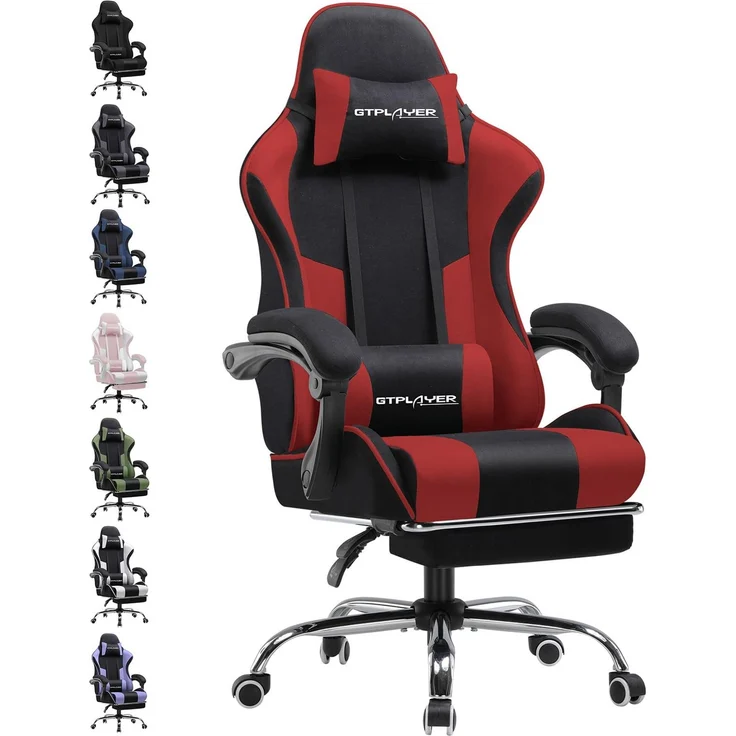 GTPLAYER Gaming Stuhl Stoff, Bürostuhl Massage Gaming Sessel Ergonomischer Gamer Stuhl mit Fußstütze, Gepolstert Gaming Chair, Drehsessel 150KG, rot