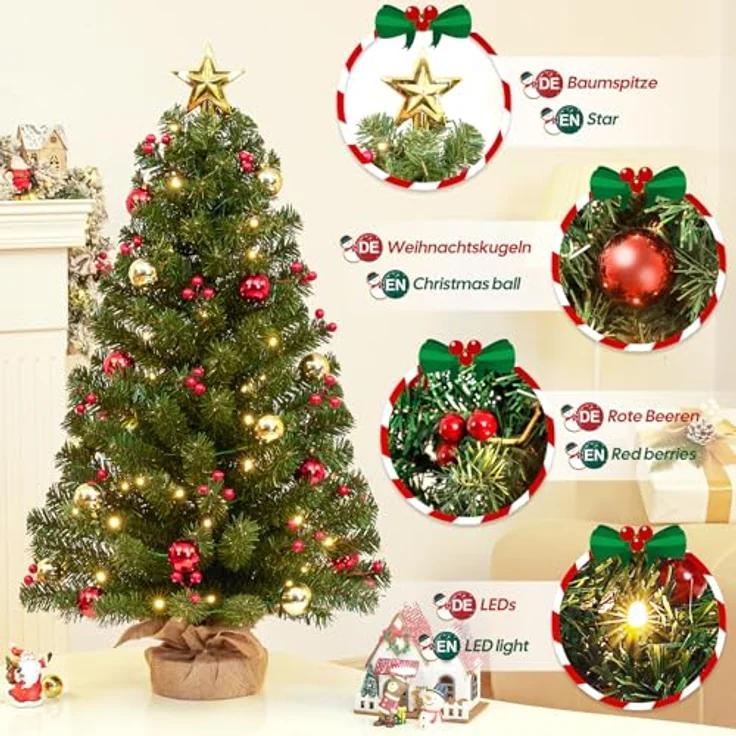 Yorbay Künstlicher Weihnachtsbaum Mini Weihnachtsbaum mit warmweiß LEDs, 8 Licht Modi, Batterie betrieben, für Weihnachten, Advent, künstlich, Geschmückt – Bild 3